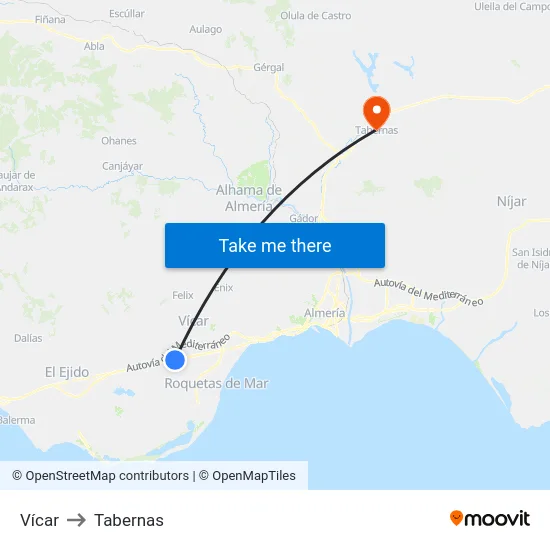 Vícar to Tabernas map