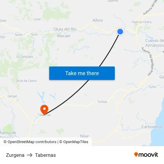 Zurgena to Tabernas map
