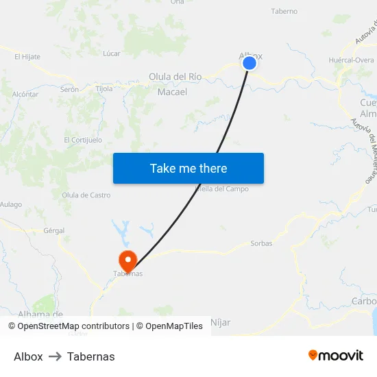 Albox to Tabernas map