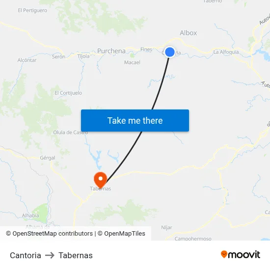 Cantoria to Tabernas map