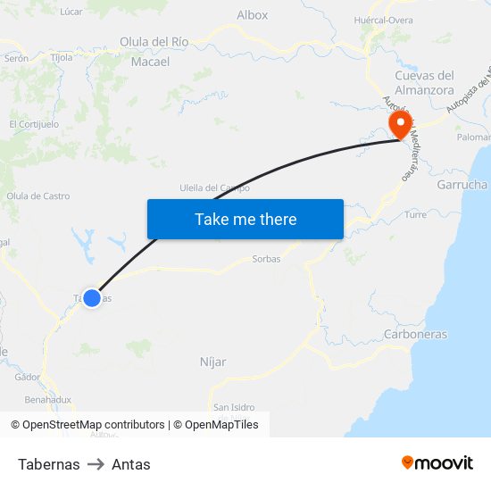 Tabernas to Antas map