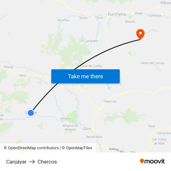 Canjáyar to Chercos map