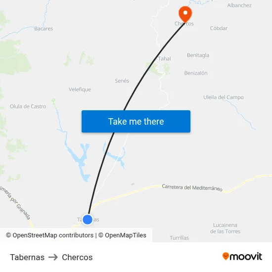 Tabernas to Chercos map