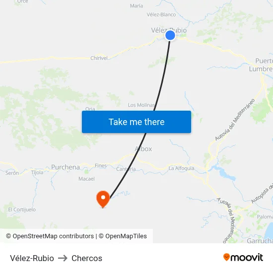 Vélez-Rubio to Chercos map
