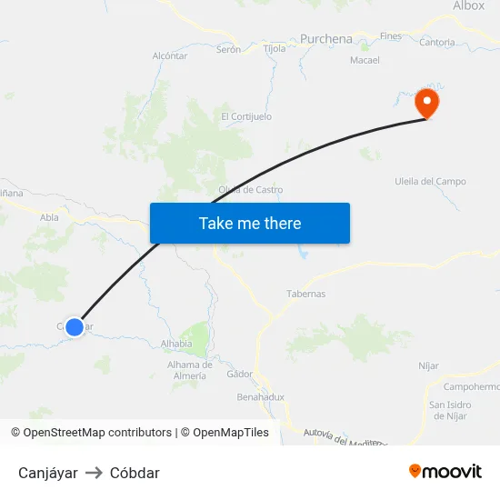 Canjáyar to Cóbdar map