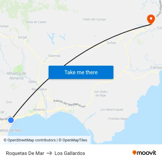 Roquetas De Mar to Los Gallardos map