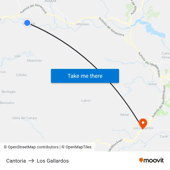 Cantoria to Los Gallardos map
