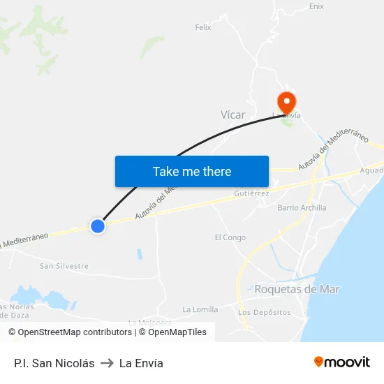 P.I. San Nicolás to La Envía map