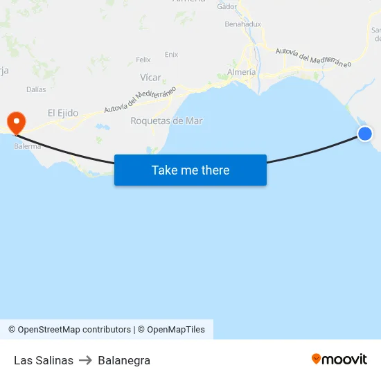 Las Salinas to Balanegra map