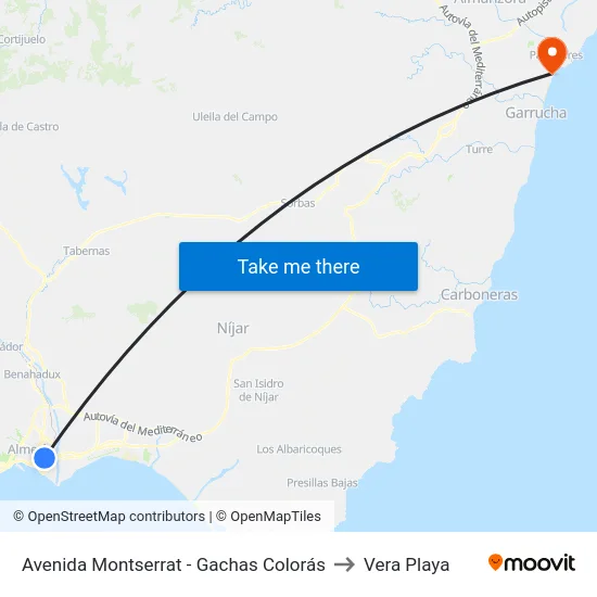 Avenida Montserrat - Gachas Colorás to Vera Playa map