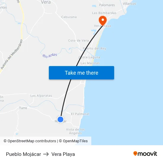 Pueblo Mojácar to Vera Playa map