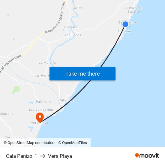 Cala Panizo, 1 to Vera Playa map