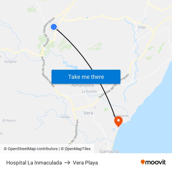 Hospital La Inmaculada to Vera Playa map
