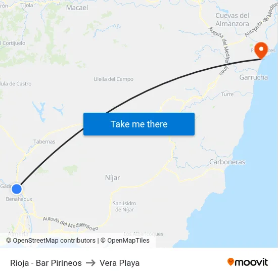 Rioja - Bar Pirineos to Vera Playa map