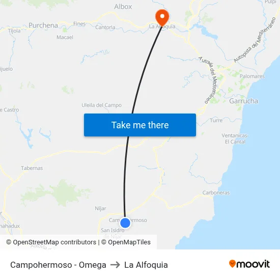 Campohermoso - Omega to La Alfoquia map