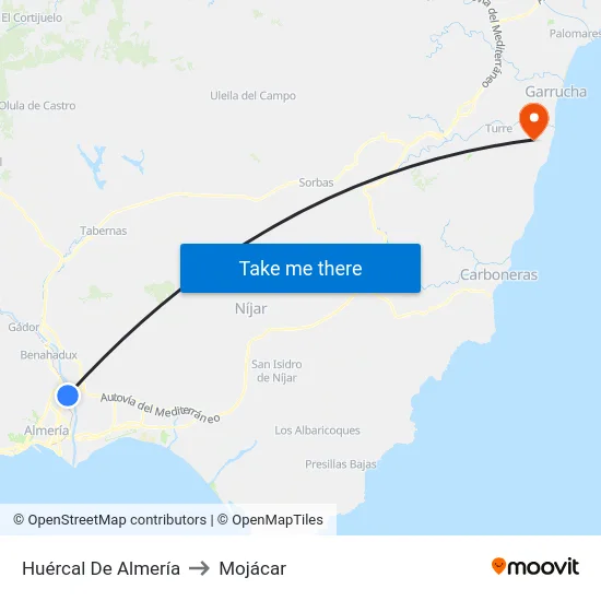 Huércal De Almería to Mojácar map