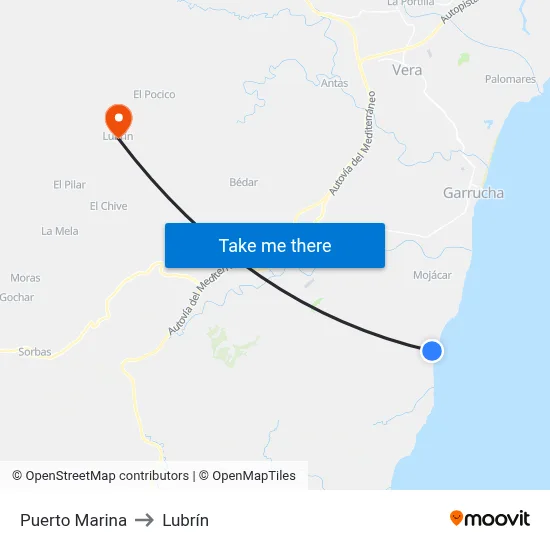 Puerto Marina to Lubrín map