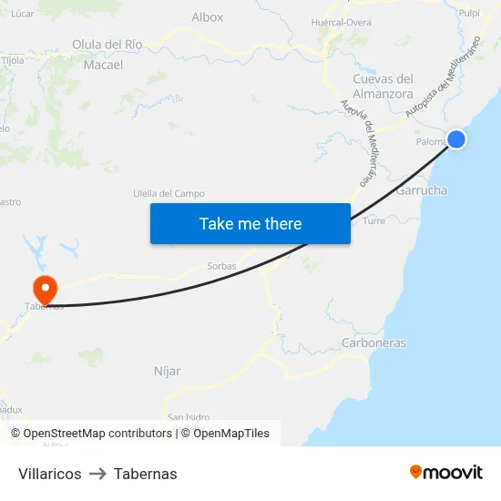 Villaricos to Tabernas map