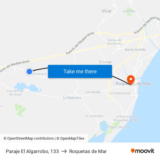 Paraje El Algarrobo, 133 to Roquetas de Mar map