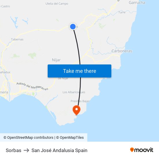 Sorbas to San José Andalusia Spain map