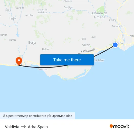 Valdivia to Adra Spain map