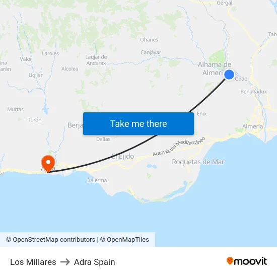 Los Millares to Adra Spain map