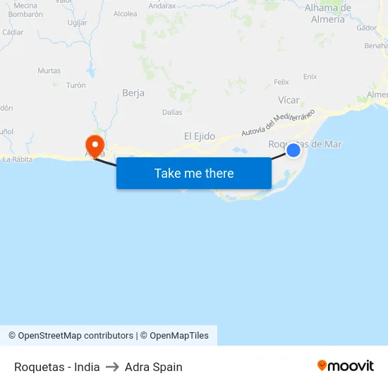 Roquetas - India to Adra Spain map