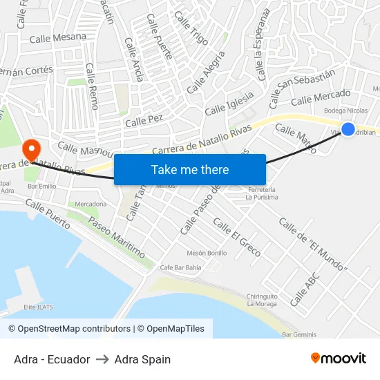 Adra - Ecuador to Adra Spain map