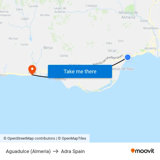 Aguadulce (Almeria) to Adra Spain map