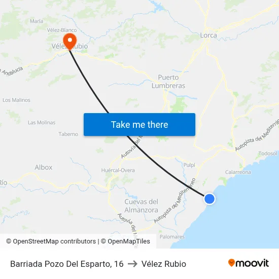 Barriada Pozo Del Esparto, 16 to Vélez Rubio map