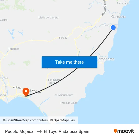 Pueblo Mojácar to El Toyo Andalusia Spain map