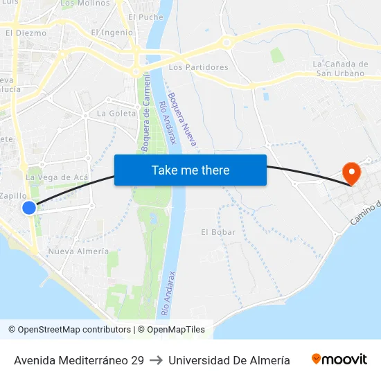 Avenida Mediterráneo 29 to Universidad De Almería map