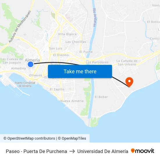 Paseo - Puerta De Purchena to Universidad De Almería map