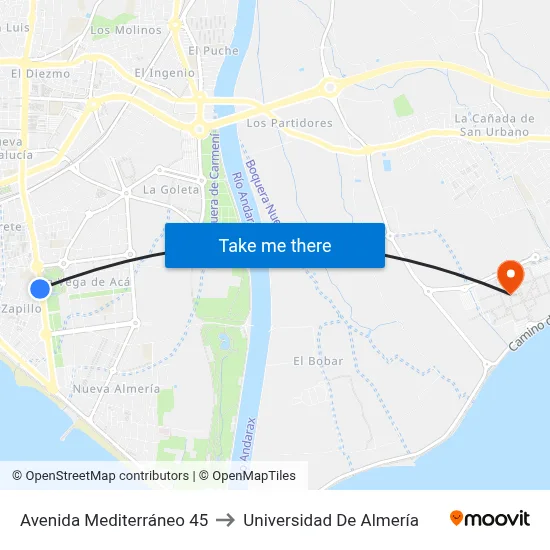 Avenida Mediterráneo 45 to Universidad De Almería map