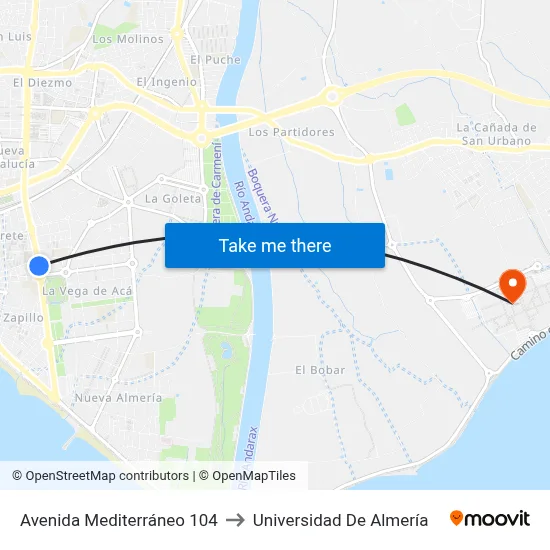 Avenida Mediterráneo 104 to Universidad De Almería map