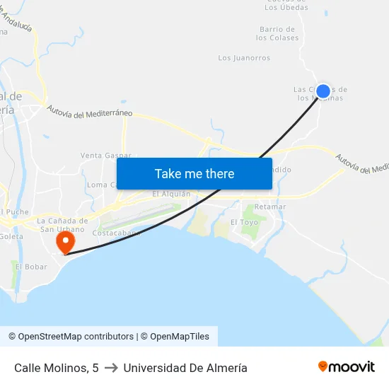 Calle Molinos, 5 to Universidad De Almería map