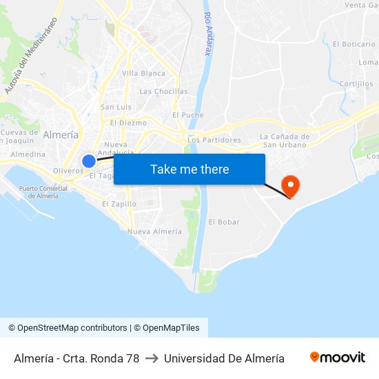 Almería - Crta. Ronda 78 to Universidad De Almería map