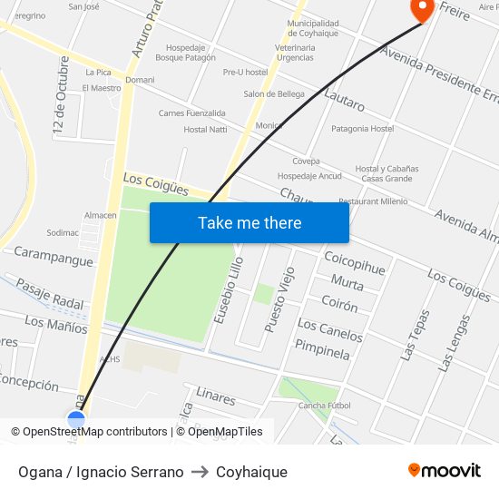 Ogana / Ignacio Serrano to Coyhaique map