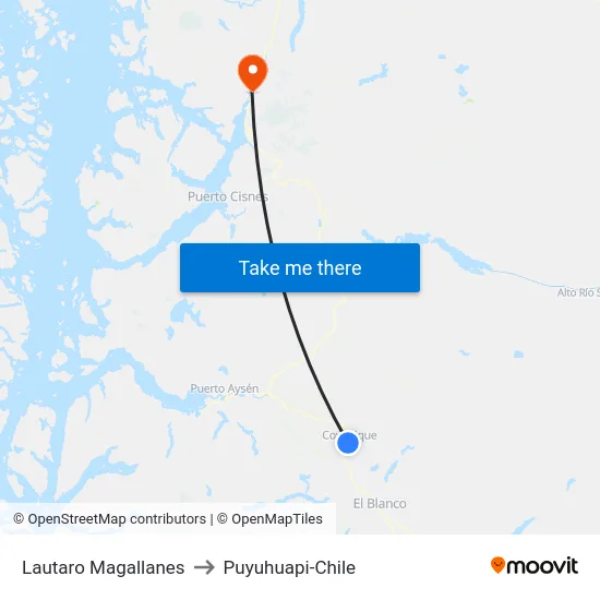 Lautaro Magallanes to Puyuhuapi-Chile map