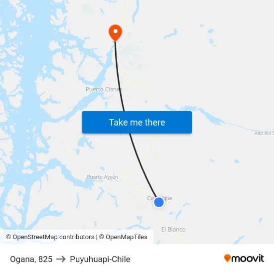 Ogana, 825 to Puyuhuapi-Chile map
