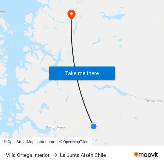 Villa Ortega Interior to La Junta Aisén Chile map