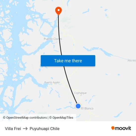 Villa Frei to Puyuhuapi Chile map