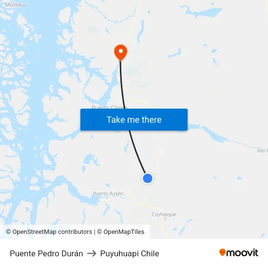 Puente Pedro Durán to Puyuhuapi Chile map