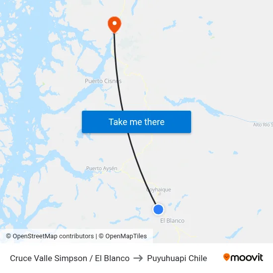 Cruce Valle Simpson / El Blanco to Puyuhuapi Chile map