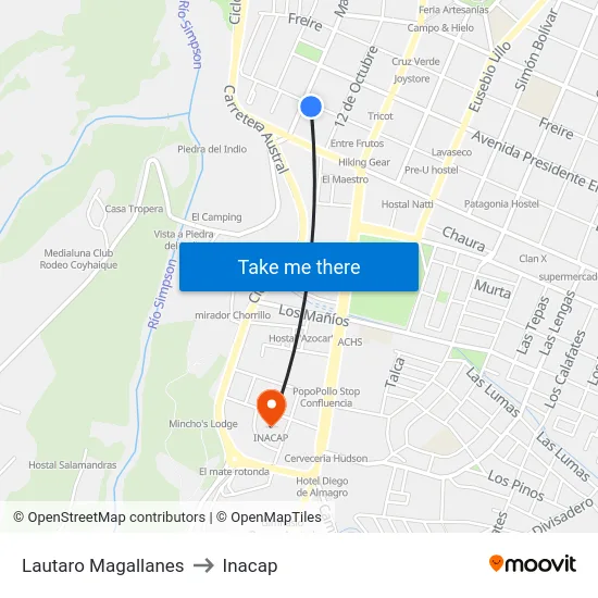 Lautaro Magallanes to Inacap map