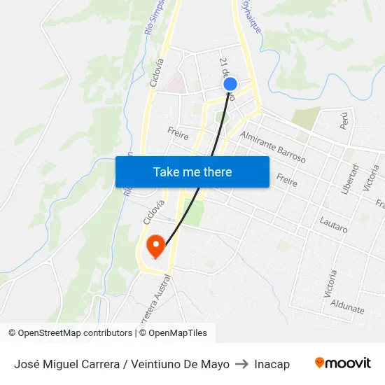 José Miguel Carrera / Veintiuno De Mayo to Inacap map