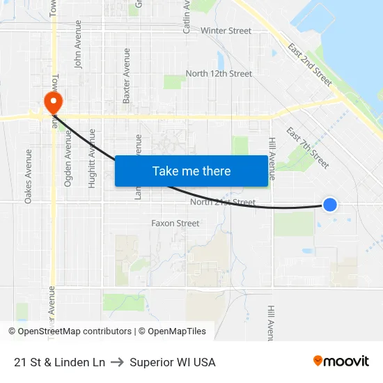 21 St & Linden Ln to Superior WI USA map