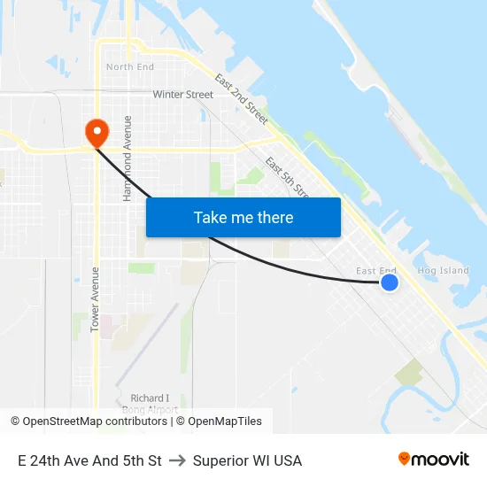 E 24th Ave And 5th St to Superior WI USA map