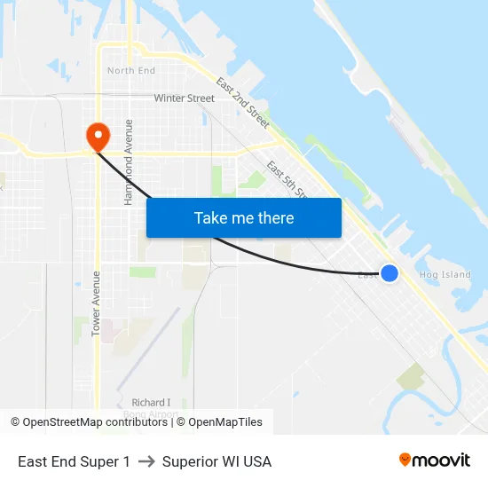 East End Super 1 to Superior WI USA map