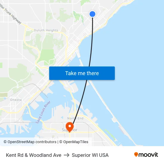 Kent Rd & Woodland Ave to Superior WI USA map